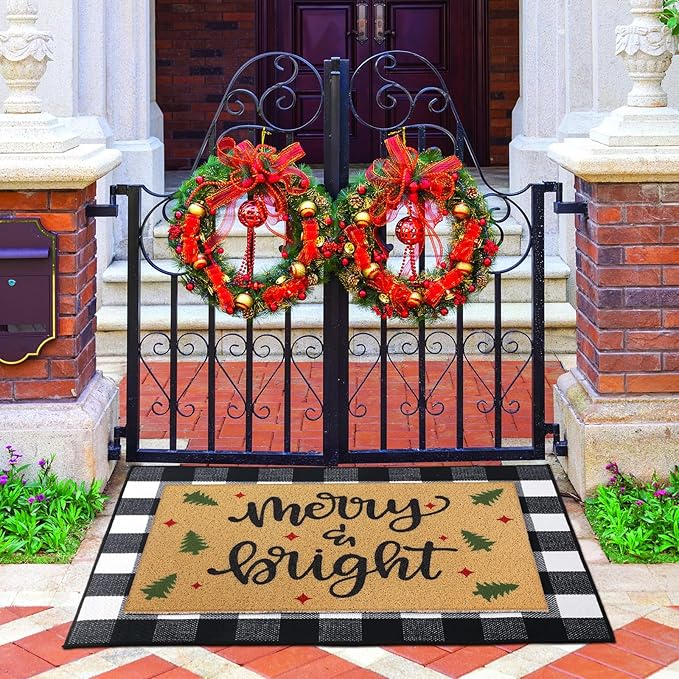 2 Pcs Christmas Welcome Door Mat Merry Bright Outdoor Welcome Mats for Front Door Non Slip Xmas Tree Coir Floor Mat Black White Check Christmas Rug for Outside Front Porch Entryway Decor