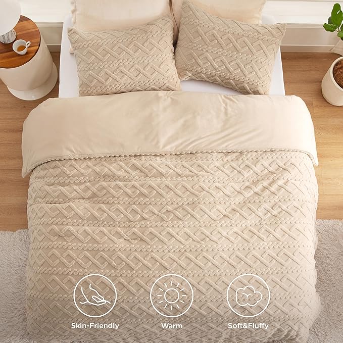 Bedsure King Size Fluffy Comforter Set, Warm Sand Plush Fleece Bed Set King, Luxury Jacquard Farmhouse Boho Soft Warm Bedding for Winter, 1 Comforter (104"x90") and 2 Pillowcases (20"x36")