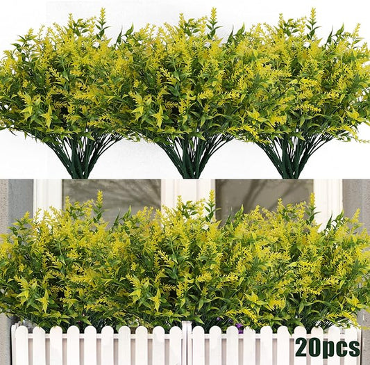 RECUTMS 20 Bundles Outdoor Artificial Flower UV Resistant Fake Stems Plants, Faux Plastic Greenery for Indoor Outside Hanging Plants Garden Porch Window Box Home Wedding Farmhouse Décor(Yellow)