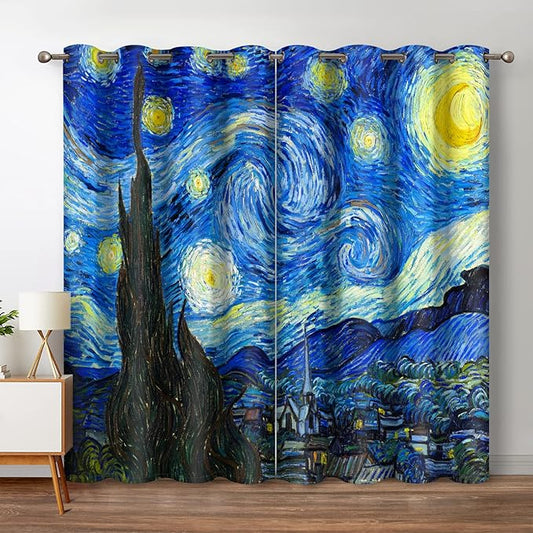 Jekeno Starry Night Blackout Curtains Art Decor for Home Bedroom Living Room Darkening Curtains Grommet Window Drapes 2 Panel Set, 52"x63"