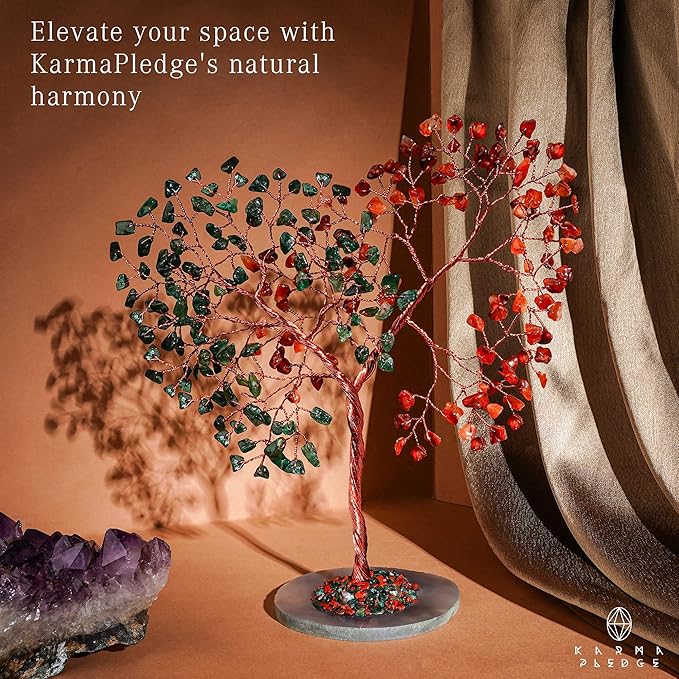 Crystal Tree for Home and Office Decoration, Carnelian & Green Aventurine Healing Stones Handmade Tree of Life for Positive Energy, Money, Good Luck, Christmas Decor, Birthday Gifts for Women, Mom