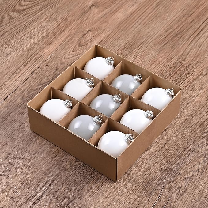 White Glass Christmas Ornaments for Tree, 3.15’’ Ball Ornaments Set of 9, Hanging Baubles with 3 Different Finishes, Plain Xmas Balls for Home Decor, Thanksgiving, Wedding Party Gift