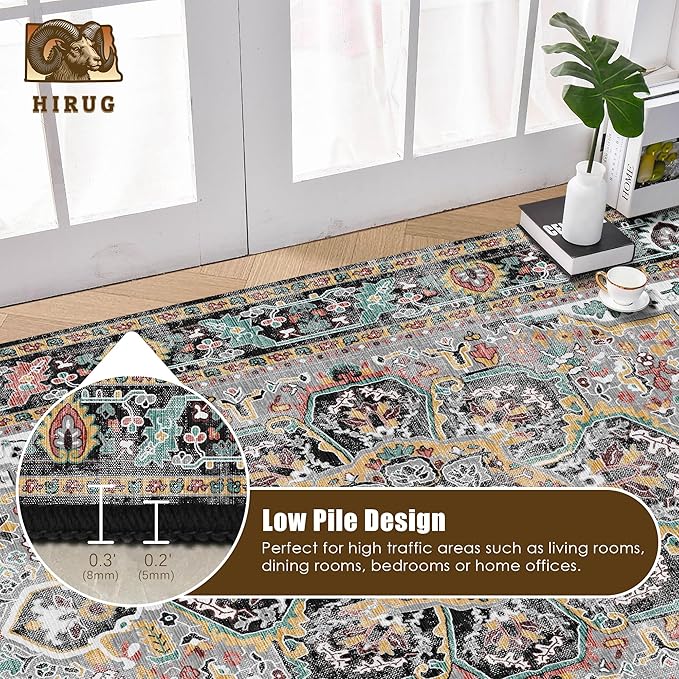 Washable Area Rug 4' x 6' Vintage Traditional Persian Mat - Foldable Distressed Non-Slip Machine Washable Carpet for Living Room Bedroom Kitchen Home Decor - Slate and Multicolor