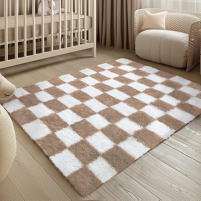 Checkered Rug 4x6 for Living Room, Beige and White Modern Shag Rug Super Soft Washable Fluffy Rugs Indoor Fuzzy Carpet for Bedroom Home Dorm Aesthetic Decor