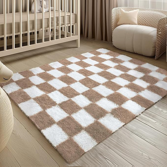 Checkered Rug 4x6 for Living Room, Beige and White Modern Shag Rug Super Soft Washable Fluffy Rugs Indoor Fuzzy Carpet for Bedroom Home Dorm Aesthetic Decor