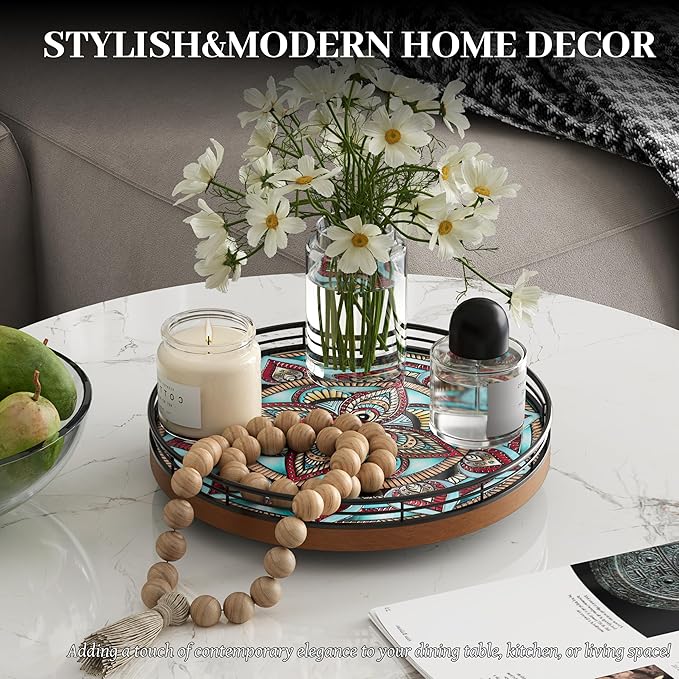 Oak Bohemia Lazy Susan 10.2" Turntable Organizer for Table Top with Ceramic 3D Boho Texture, Round Wooden Lazy Susan for Dining Table Decor, Kitchen, Countertop, Home Decor, Walnut Wood, Farmhouse