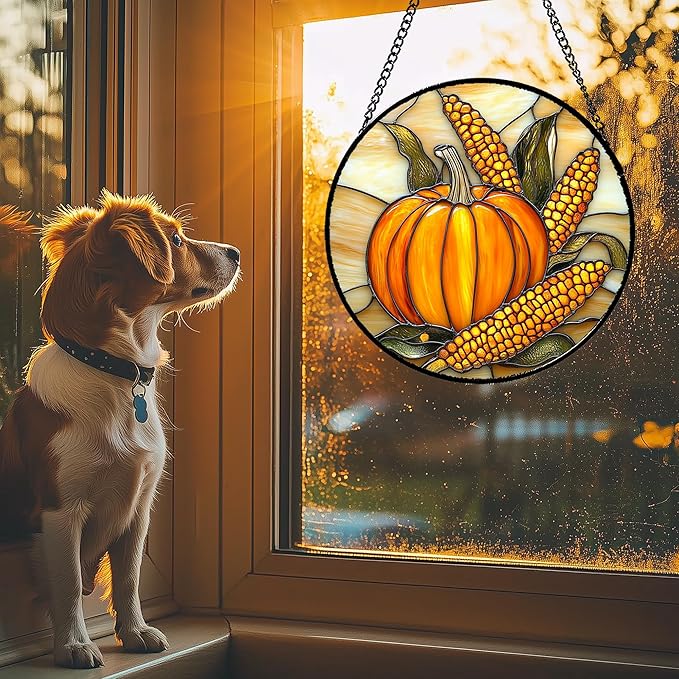 Stained Glass Window Hanging Autumn Harvest Pumpkin Corn Large 11.8" - Suncatcher Door Garden Kitchen Sunroom Sun Catcher Fall Home Decor Birthday for Mom Grandma Men Woman
