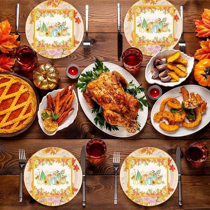 40pcs Fall Pumpkin Paper Plates and Napkins Sets, 9inch Thanksgiving Dinner Plates Party Supplies Disposable Autumn Theme Maple Leaf Sunflower Tableware Fall Thanksgiving Harvest Birthday Decorations