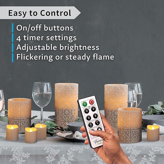 FURORA LIGHTING Grey Rome Real Wax LED Candles with Remote and Timer, 4 Pillar and 4 Votives Pack of 8, Flameless Flickering Candles for Home Décor, Battery Included