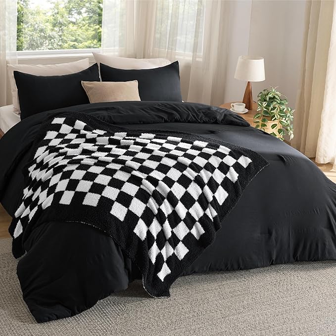 Bedsure Twin Comforter Set with Checkered Throw Blanket for Couch - 3 Pieces, 1 Black Comforter Twin Size, 1 Pillow Sham, 1 Checkered Blanket, Super Soft, Lightweight & Fluffy for Bed & Sofa