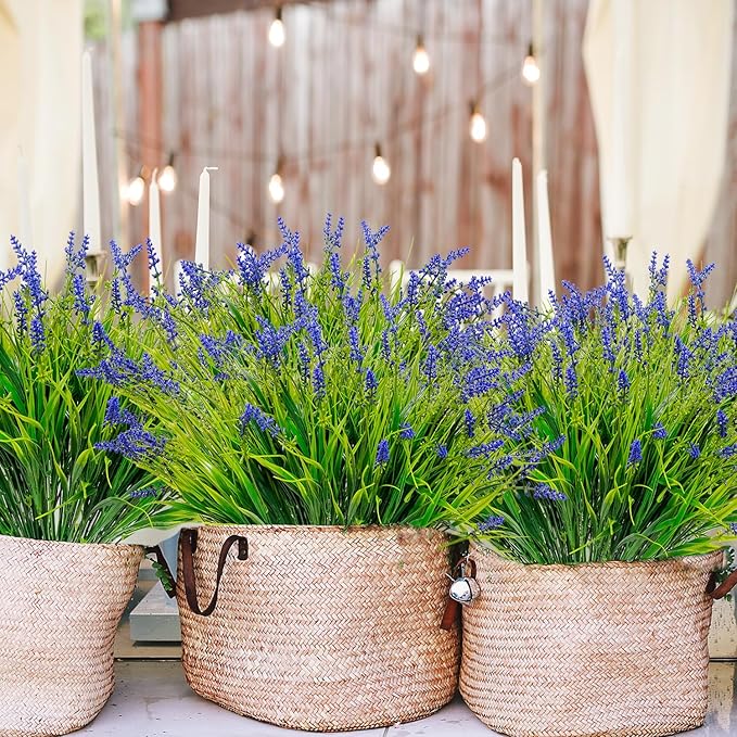 12 Bundles Outdoor Artificial Plants Flowers UV Resistant Fake Tall Grass Plants Bushes Faux Tropical Shrubs for Outside Window Box Planter Front Porch Yard Patio Floral Arrangement