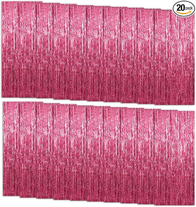 20 Pack Foil Curtain Backdrop Pink Metallic Tinsel Foil Fringe Curtains Photo Booth Props for Birthday Wedding Engagement Baby Shower Bachelorette Christmas Holiday Celebration Party Decorations