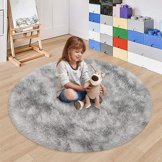 4x4 ft Tie Dye Grey Round Rug for Bedroom Room Fluffy Circle Rug Furry Carpet Shaggy Circular Fuzzy Washable Non-Slip Large Area Rug Soft Indoor for Living Room Cute Aesthetic Home Decor