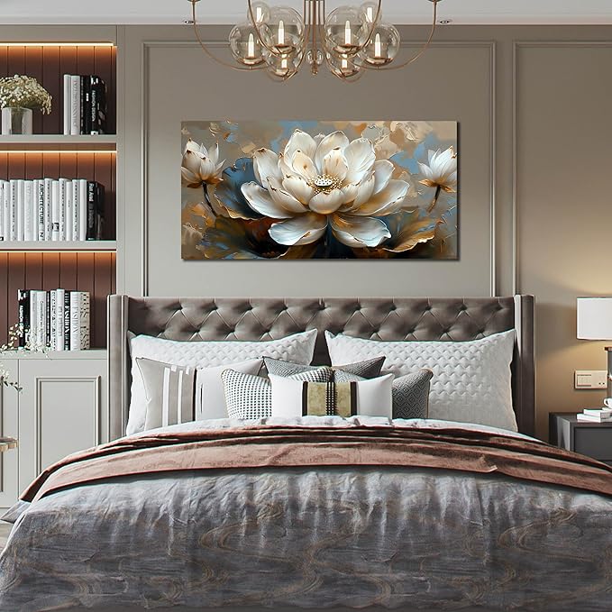 White Flower Wall Art for Living Room - Gold Paintings Wall Art for Office - Bedroom Pictures Wall Decor for Women Size 20" x 40"