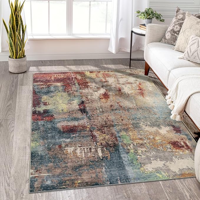 Lahome Modern Abstract 5x7 Area Rugs for Living Room, Washable Bedroom Rug Soft Non Slip Low Pile, Faux Wool Contemporary Carpet for Indoor Floor Decor Home Office Dining Room,Red/Multi