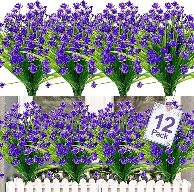 12 Bundles Artificial Flowers for Outdoors Summer Decor, Realistic UV Resistant Fake Plants Faux Plastic Flowers for Outside Planter Home Gardens Patio Porch Yards Spring Cemetery Decor(Purple)