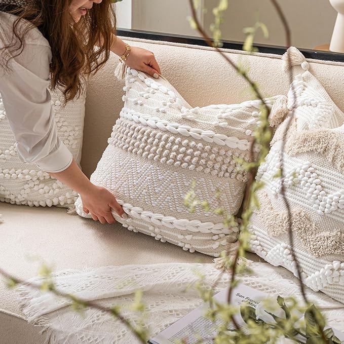 Boho Throw Pillow Cover 20X20, Decorative Accent Pillow for Couch, Square Woven Textured Pillowcase, Modern Boho Pillow for Bed, Bohemian Pillow Cover, Cream White Neutral (Pack of 1)