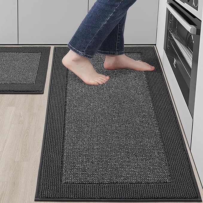 BEQHAUSE Kitchen Rugs and Mats Set of 2 Non-Slip Kitchen Mats for Floor, Absorbent and Stain Resistant Kitchen Runner, Machine Washable Rugs for Kitchen, Laundry & Sink, 20"x32"+20"x48", Charcoal