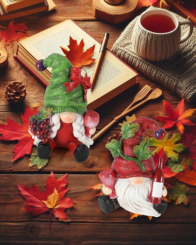 2-Pack Resin Fall Gnome Figurines with Red Wine & Grapes Theme, Whimsical Gnome Gifts Home Decor for Thanksgiving Table Decor Christmas Decorations Indoor Holiday Ornaments (Grape Gnomes)