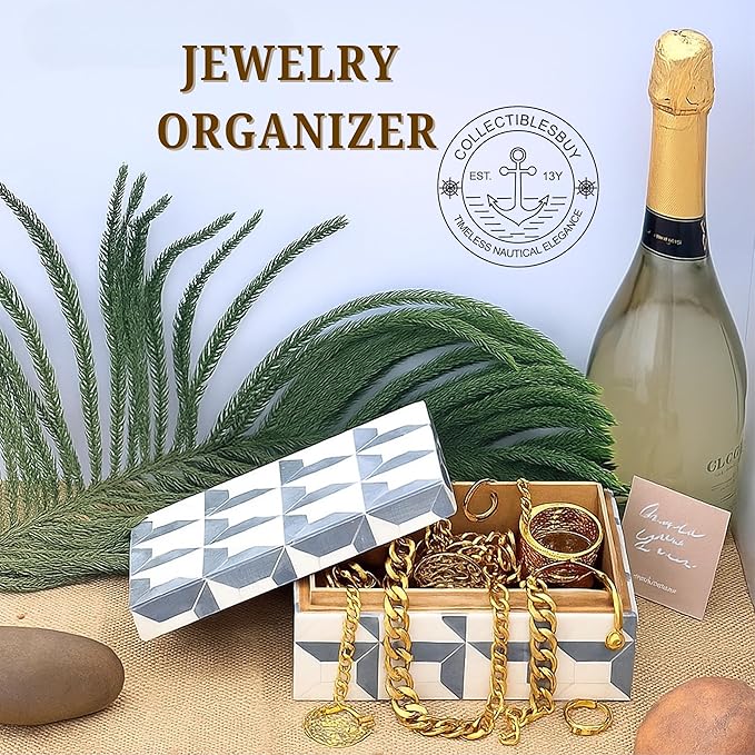 collectiblesBuy Handmade Bone Inlay Jewelry Storage Box – Rectangular Decorative Organizer with White Grey Yellow Design – Unique Keepsake Gift for Home Décor