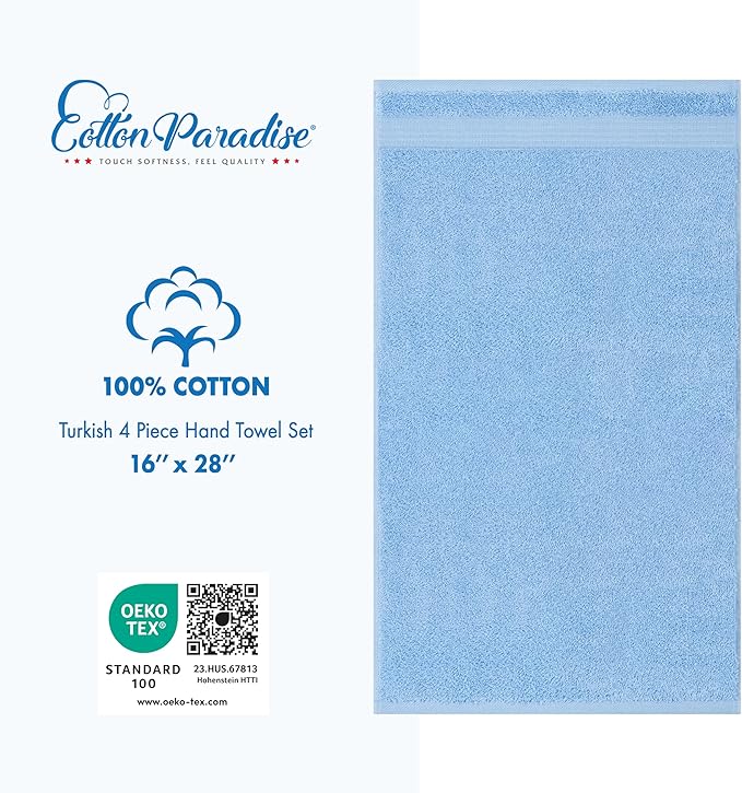 Cotton Paradise Hand Towels for Bathroom, 100% Cotton Turkish 4 Piece Hand Towel Set, Soft Absorbent Face Towels, Sky Blue Hand Towels