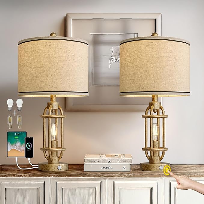 23.75'' Table Lamps Set of 2 for Living Room Bedroom Industrial Farmhouse Metal Touch Lamps with USB A+C Ports, Night Light Vintage Nightstand Bedside Lamp, Bulbs Included, Champagne Gold