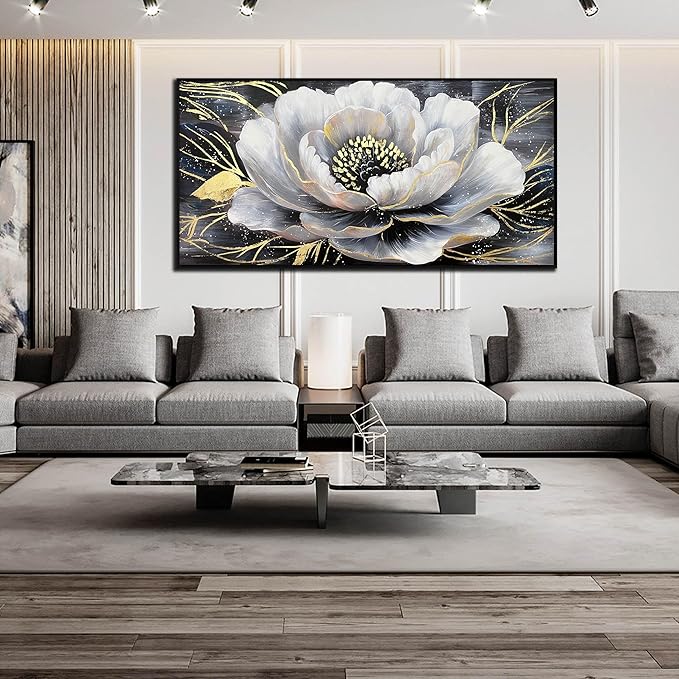 Gold and White Flower Canvas Wall Art for Living Room - Modern Hand Painted Flower Painting - Black Framed Wall Art for Bedroom Size 29" x 59"