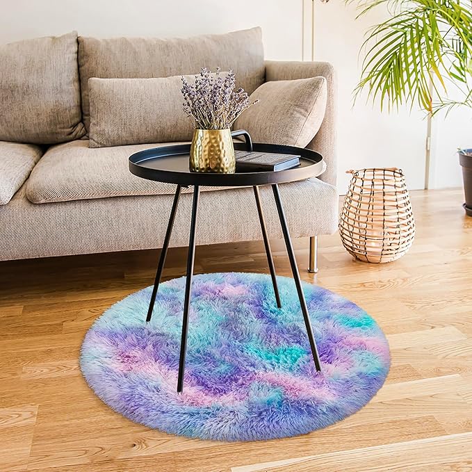 Tie Dye Rainbow Round Rugs Small 3x3 ft Fluffy Circle Rug Furry Carpet Shaggy Circular Fuzzy Plush Area Rug for Girls Bedroom Kids Room Living Room Nursery Cute Room Decor Pet mat Doormat