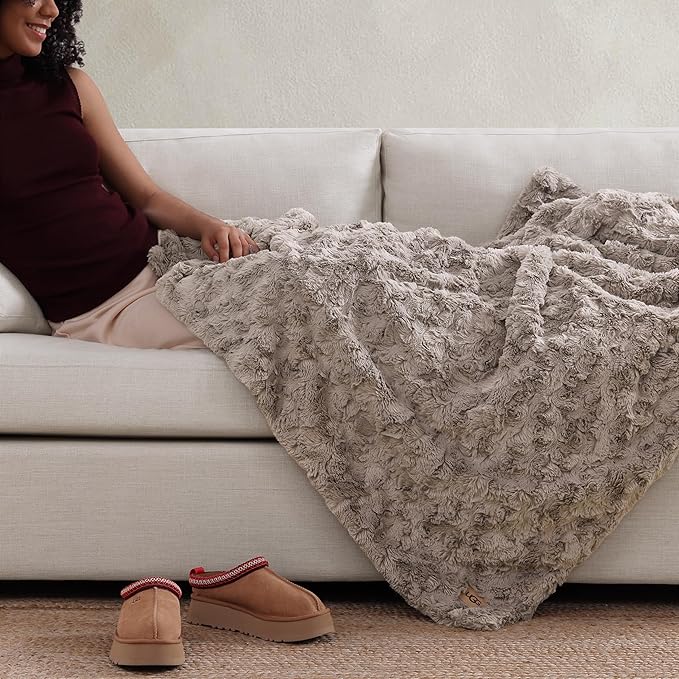 UGG Faux Fur Brown Throw Blankets for Bed, Fuzzy Blanket, Luxury Throws for Couch, Hypoallergenic Double-Sided, Cozy Cute Fall Decor, 50-inch x 70-inch, Oyster Brown (Adalee)