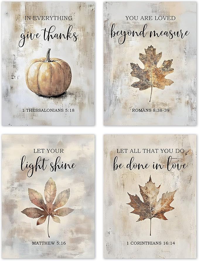 TLESKE Rustic Fall Christian Pumpkins Maple Leaves Posters Prints Unframed Set of 4 for Farmhouse Bedroom Living Room Kitchen, Vintage Autumn Wall Art Prints Decor, Thanksgiving Wall Pictures, 12x16