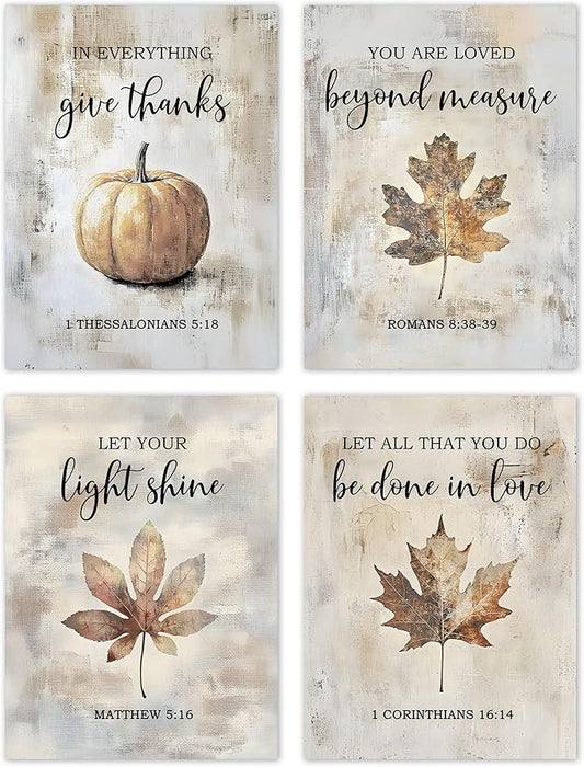 TLESKE Rustic Fall Christian Pumpkins Maple Leaves Posters Prints Unframed Set of 4 for Farmhouse Bedroom Living Room Kitchen, Vintage Autumn Wall Art Prints Decor, Thanksgiving Wall Pictures, 12x16