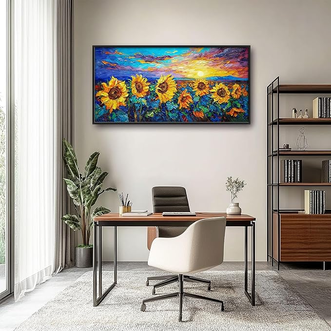 Sunflower Large Wall Art for Living Room Framed, Floral Wall Decor Pictures, Sunflower Field Landscape Canvas Print Painting, Aesthetic Artwork Bedroom Office Home Decor 60"x30"