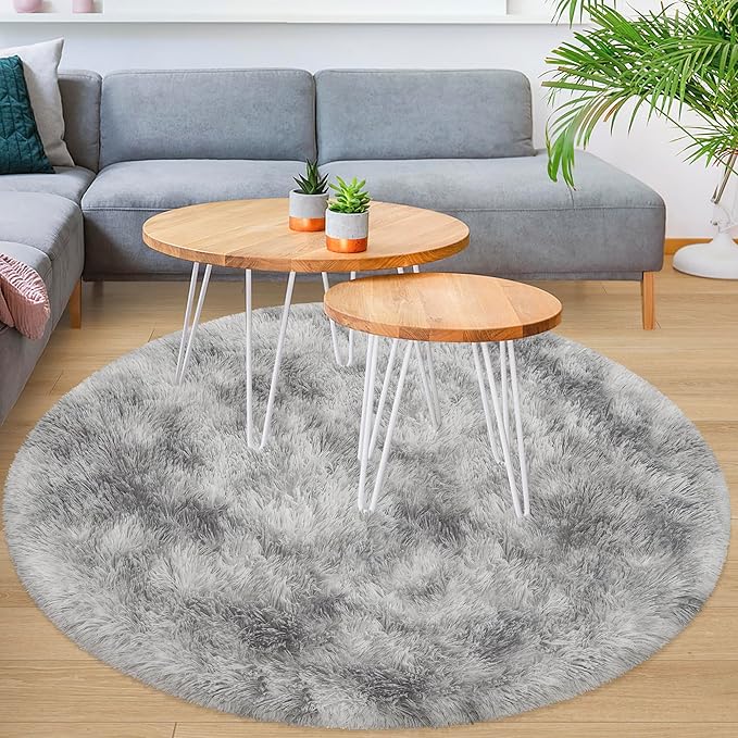5x5 ft Tie Dye Grey Round Rug for Bedroom Room Fluffy Circle Rug Furry Carpet Shaggy Circular Fuzzy Washable Non-Slip Large Area Rug Soft Indoor for Living Room Cute Aesthetic Home Decor