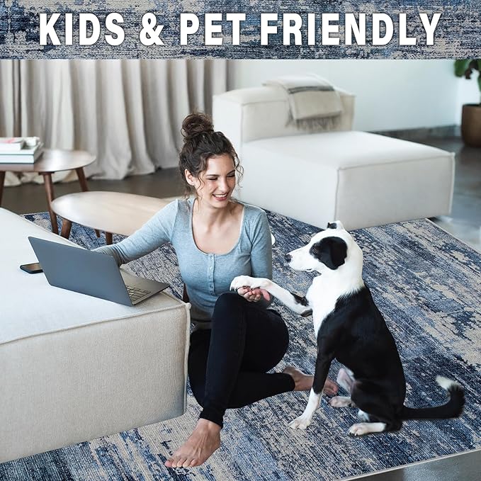 Area Rugs 9x12 Living Room: Large Machine Washable Area Rug with Non Slip Backing Non Shedding Abstract Stain Resistant Carpet for Bedroom Dining Room Nursery Home Office - Beige/Blue