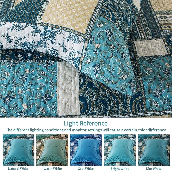 VAPUTAR Quilts Queen Size - 3 Piece Cotton Quilted Bedspread Coverlet, Soft Lightweight Quilted Bedding Set, Patchwork Boho Quilt with Pillowcovers Suitable for All Season and Room Decor (Dream Blue)