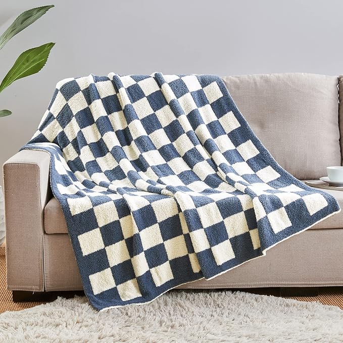 CozeCube Checkered Blanket, Ultra Soft Cozy Blue and White Throw Blanket, Warm Cozy Knit Fuzzy Plush Checkerboard Throw for Couch Bed Sofa, 60"x80"