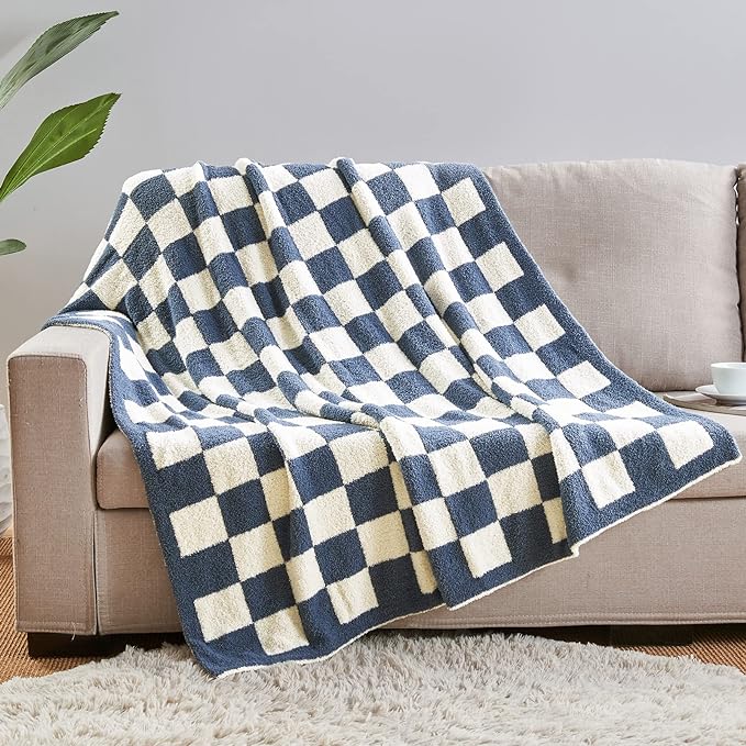 CozeCube Checkered Blanket, Ultra Soft Cozy Blue and White Throw Blanket, Warm Cozy Knit Fuzzy Plush Checkerboard Throw for Couch Bed Sofa, 50"x60"