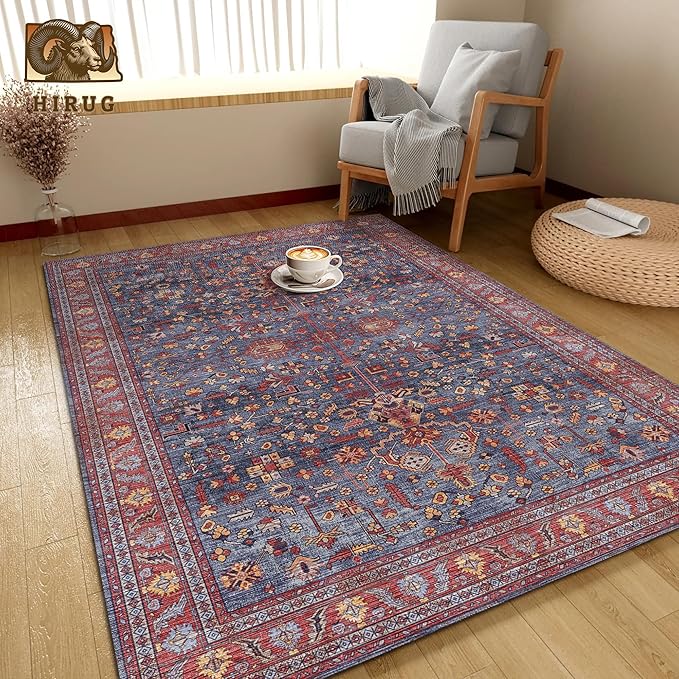 Washable Area Rug 6' x 9' Vintage Traditional Persian Mat - Foldable Distressed Non-Slip Machine Washable Carpet for Living Room Bedroom Kitchen Home Decor - Indigo and Crimson
