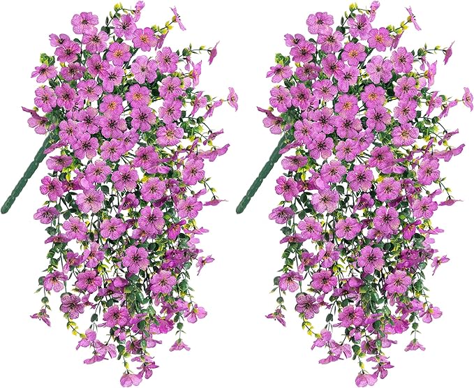 Artificial Flowers for Outdoors Garland Decoration, 2Pcs Purple Fake Hanging Flowers, UV & Fading Resistant, Faux Decor for Home Porch Patio Balcony Planter Yard