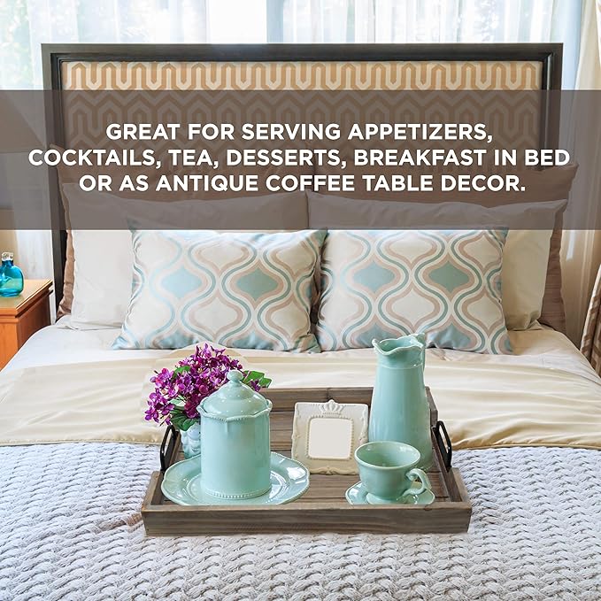 3 Pie­ce Decorative Nested Vintage Wood Serving Tray Set for Coffee Table or Ottoman – Rustic Wooden Breakfast Trays for Kitchen, Dining Room, or Living Room – Farmhouse Platter w/Handles - Barnwood