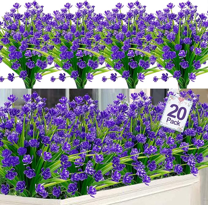 TURNMEON 20 Bundles Artificial Flowers for Outdoors Fake Plants Summer Decor, UV Resistant Artificial Plants Cemetery Fake Flowers Faux Plastic Greenery Shrubs for Home Porch Decor 580 Heads(Purple)