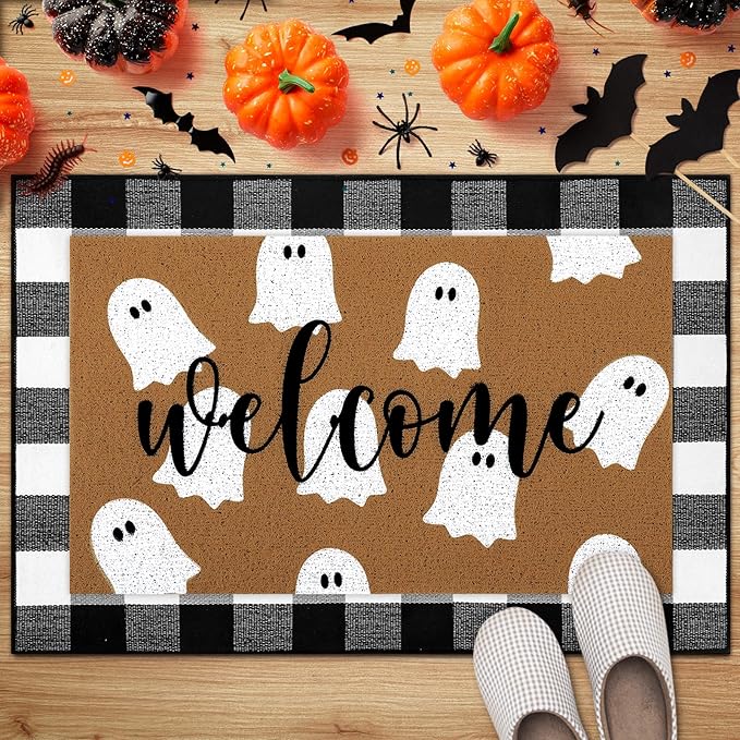 2 Pcs Halloween Door Mat White Ghost Welcome Non Slip Coir Mats Black White Buffalo Plaid Floor Layering Doormats Seasonal for Front Porch Entryway Decor(Plaid Ghost)