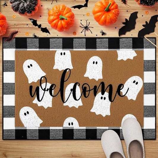 2 Pcs Halloween Door Mat White Ghost Welcome Non Slip Coir Mats Black White Buffalo Plaid Floor Layering Doormats Seasonal for Front Porch Entryway Decor(Plaid Ghost)