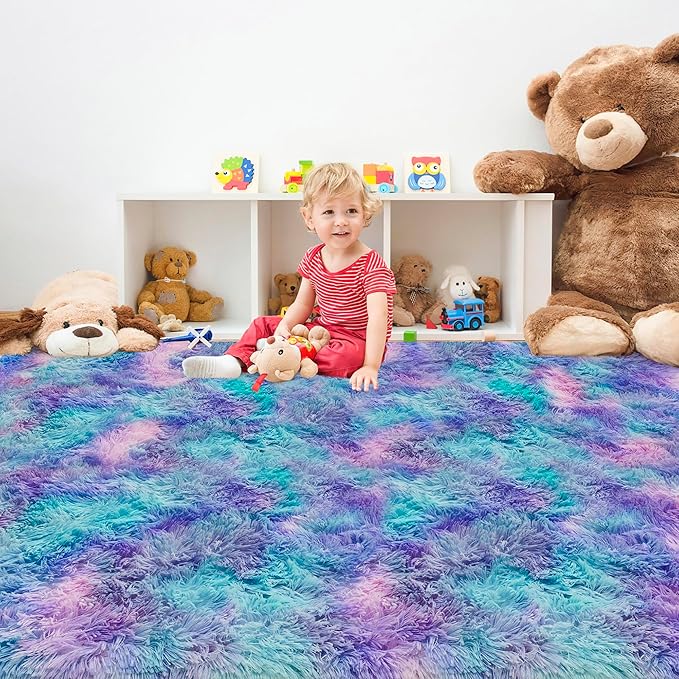 Tie-Dye Purple Rainbow Soft Shaggy Fluffy Rug for Living Room 6x9ft Anti-Skid Durable Area Rug Mat Bedside Throw Rug for Bedroom Kids Room Boys Teens Nursery Dorm Office Home Decor Carpets