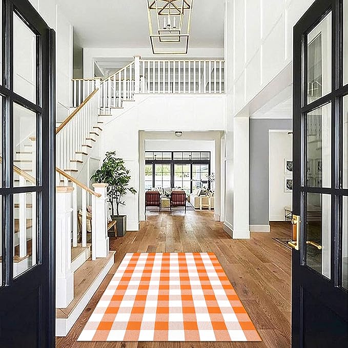 KOZYFLY Buffalo Plaid Rug 4x6 Ft Orange and White Outdoor Rugs Washable Checke Orange Rug Cotton Hand-Woven Halloween Door Mat Outdoor Indoor Fall Area Rugs for Front Door Patio Kitchen Bedroom