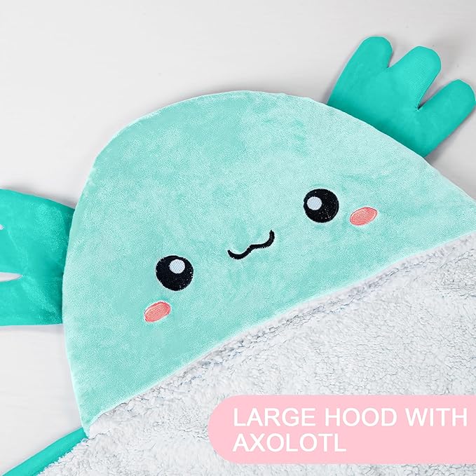 Axolotl Wearable Hooded Blanket for Adults - Super Soft Warm Cozy Plush Flannel Fleece & Sherpa Hoodie Throw Cloak Wrap - Axolotl Gifts for Women Adults and Kids