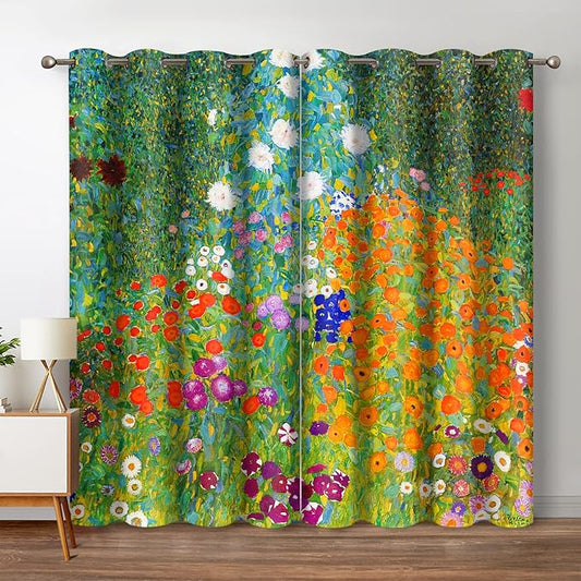 Jekeno Blackout Curtains Flower Garden by Gustav Klimt Home Bedroom Living Room Decoration Flowers Floral Darkening Grommet Window Drapes 2 Panel Set, 52"x63"
