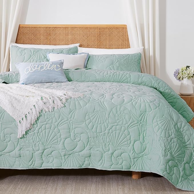 WDCOZY Coastal Beach Queen Size Quilt Bedding Sets, Seafoam Green Nautical Tropical Ocean Bedspread, Scallop Seashell Soft Coverlet, Lightweight Summer Thin Comforter for All Season