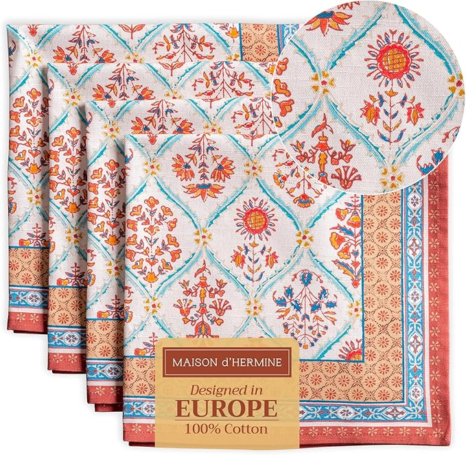 Maison d' Hermine Cloth Napkins Set of 4 100% Cotton Everyday Reusable Square Napkins Cloth Washable, Dinner, Party, Wedding, Restaurant (Romane, 20" x 20")