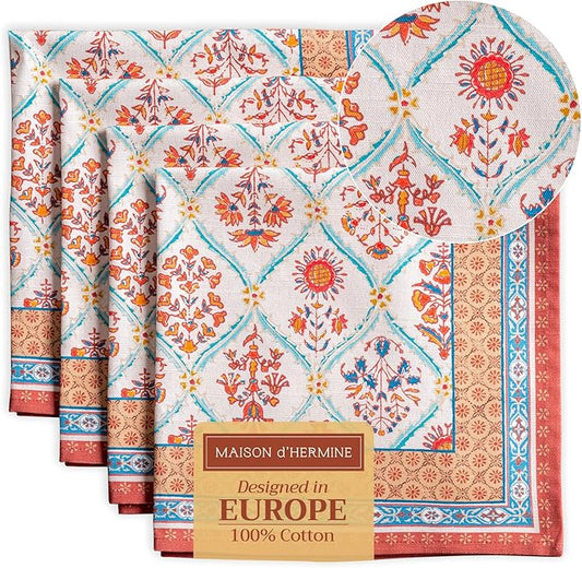 Maison d' Hermine Cloth Napkins Set of 4 100% Cotton Everyday Reusable Square Napkins Cloth Washable, Dinner, Party, Wedding, Restaurant (Romane, 20" x 20")